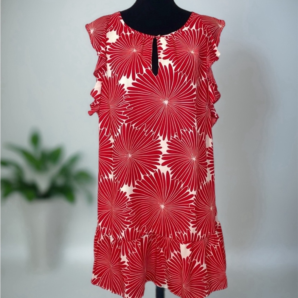J. Crew Sunburst Red & Cream Flutter Sleeve Shift Dress Size M
